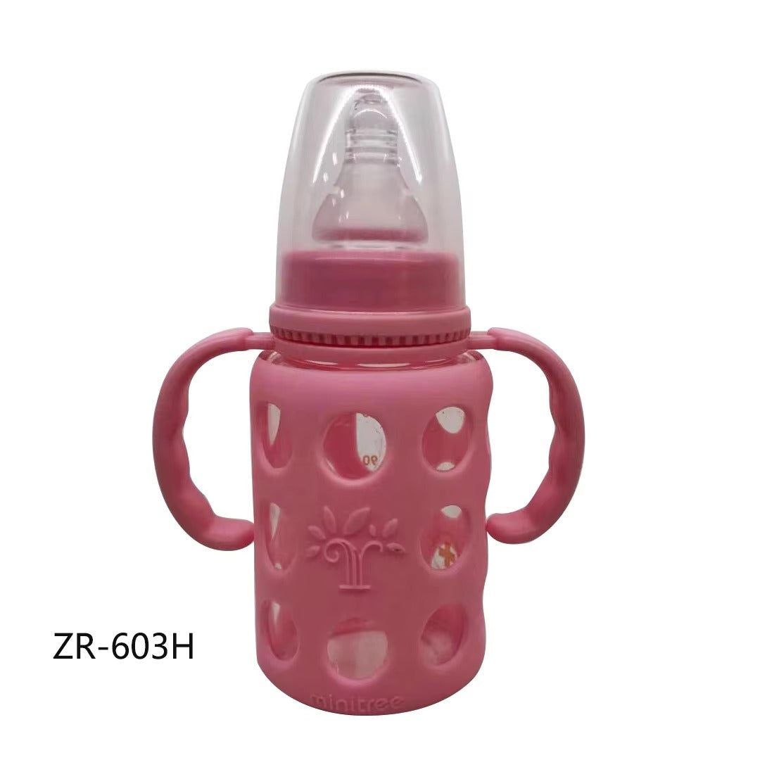 MiniTree Glass Feeding Bottle with Handles & Silicone Cover – 120mL (4oz), BPA-Free