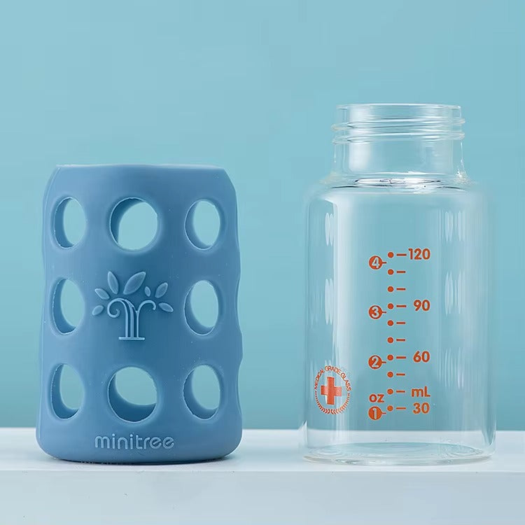 MiniTree Glass Feeding Bottle with Handles & Silicone Cover – 120mL (4oz), BPA-Free