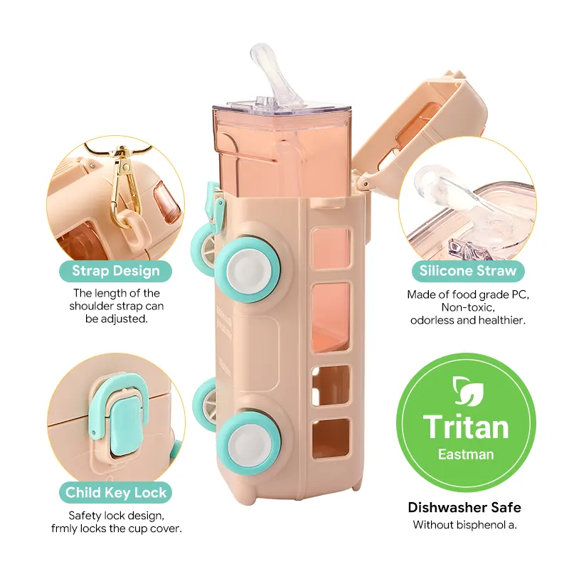 Kids Water Bottle Bus Shape – Portable & Detachable Cup | 480ml