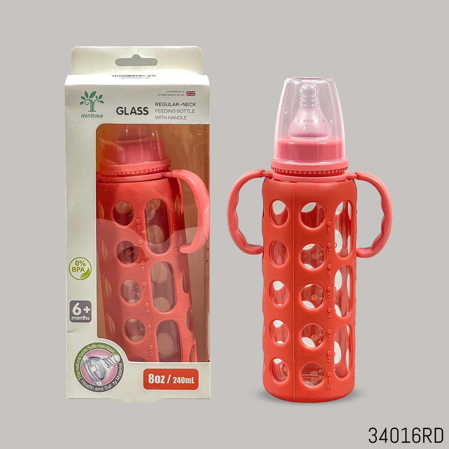 MiniTree Glass Feeding Bottle with Handles & Silicone Sleeve – 240mL (8oz), BPA-Free