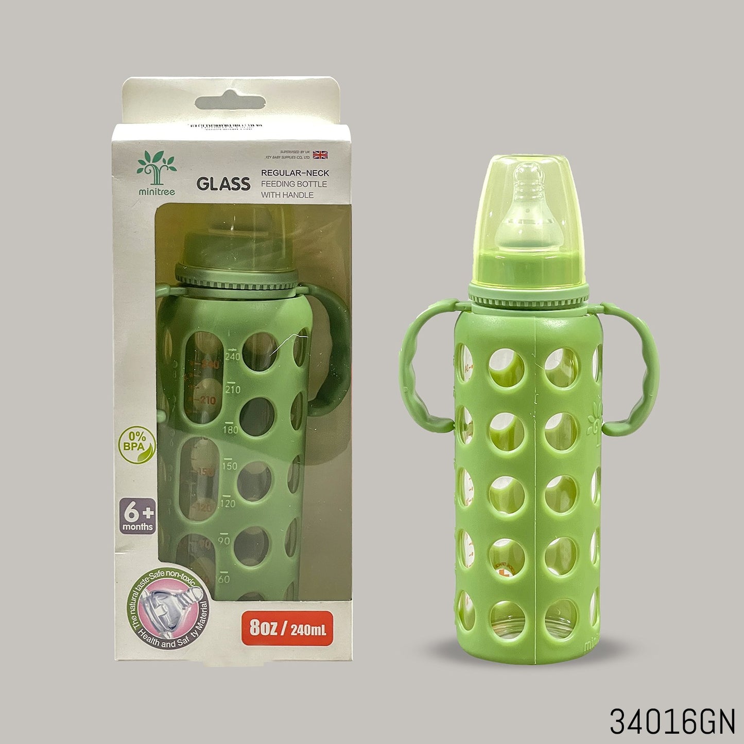 MiniTree Glass Feeding Bottle with Handles & Silicone Sleeve – 240mL (8oz), BPA-Free