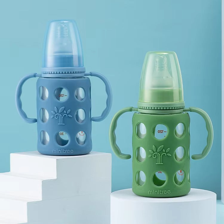 MiniTree Glass Feeding Bottle with Handles & Silicone Cover – 120mL (4oz), BPA-Free