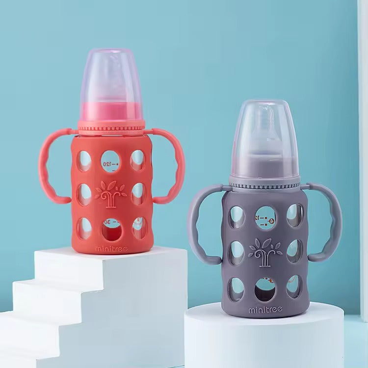 MiniTree Glass Feeding Bottle with Handles & Silicone Cover – 120mL (4oz), BPA-Free