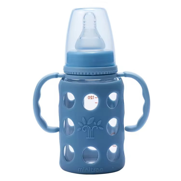 MiniTree Glass Feeding Bottle with Handles & Silicone Cover – 120mL (4oz), BPA-Free