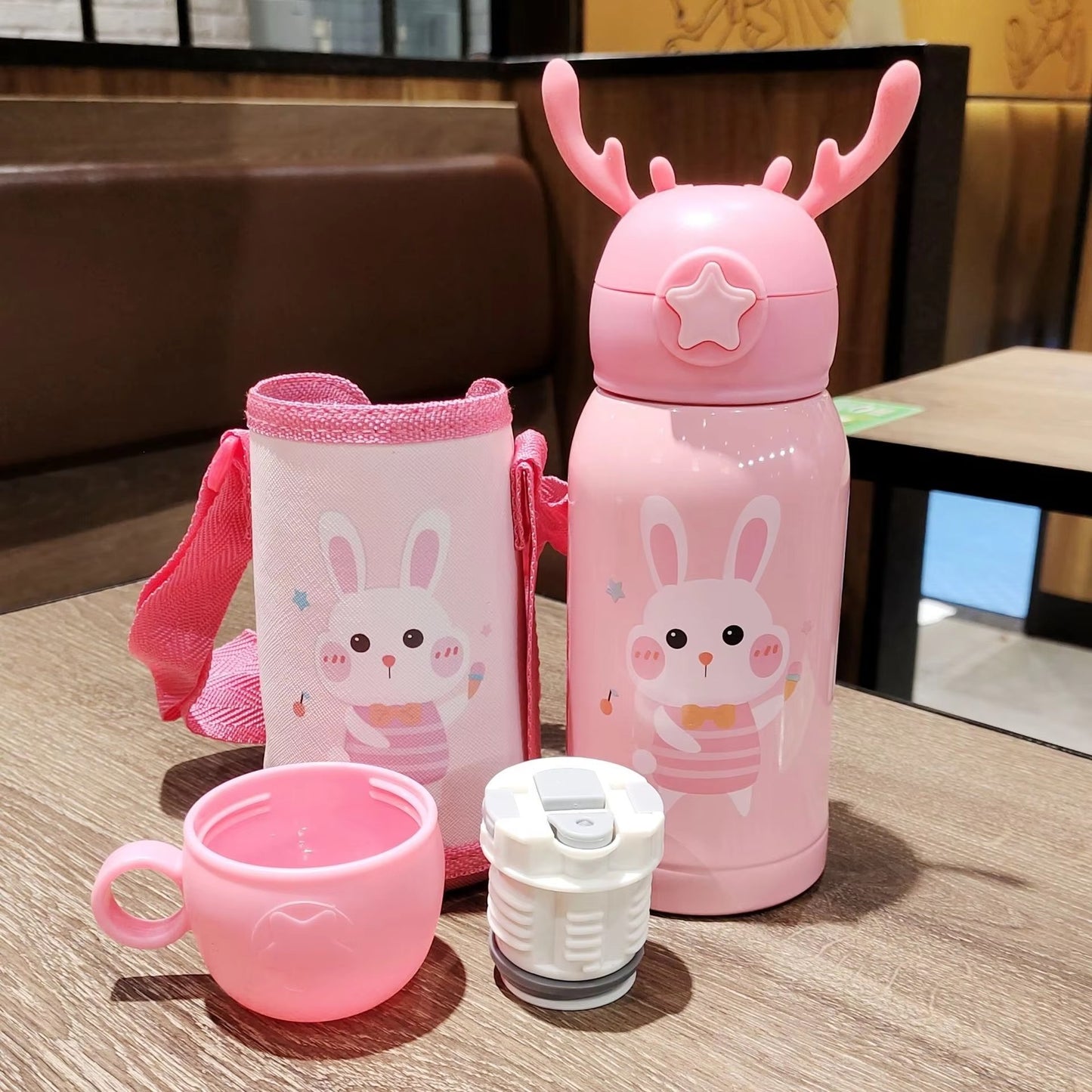 Flask Bottle Cute Kids Stainless Steel Vacuum | 500ml Thermos Bottle with Straw & Antler Lid