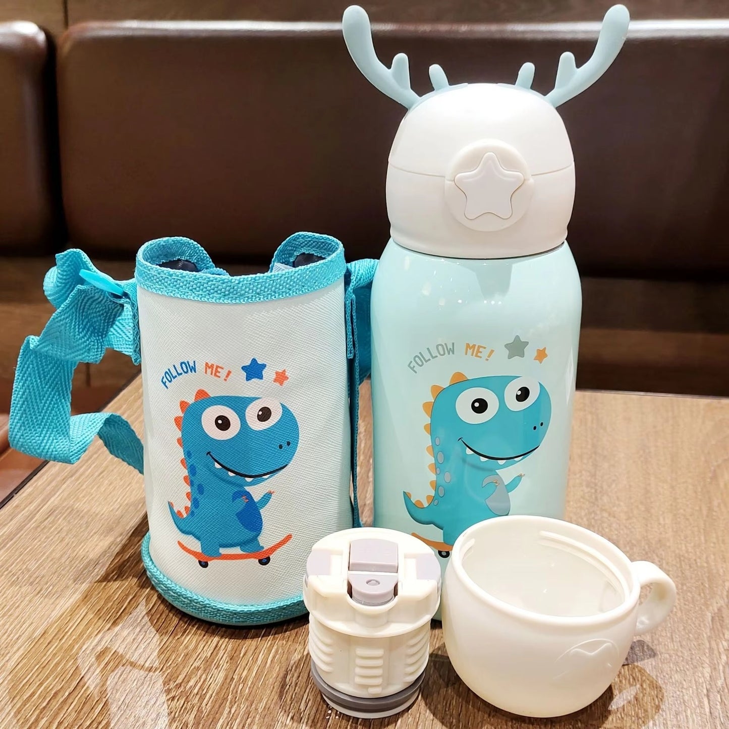 Flask Bottle Cute Kids Stainless Steel Vacuum | 500ml Thermos Bottle with Straw & Antler Lid