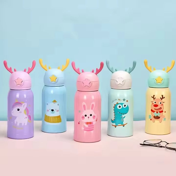 Flask Bottle Cute Kids Stainless Steel Vacuum | 500ml Thermos Bottle with Straw & Antler Lid
