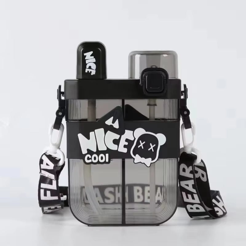 Kids Water Bottle Double Compartment  Dual Drinking Design with Strap (600 ml)