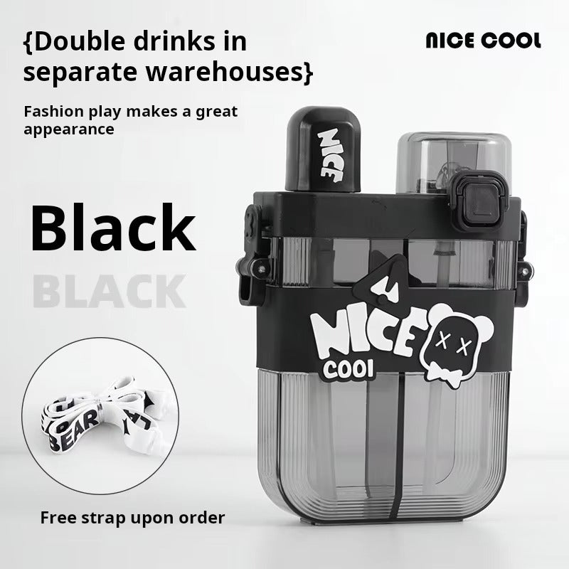 Kids Water Bottle Double Compartment  Dual Drinking Design with Strap (600 ml)
