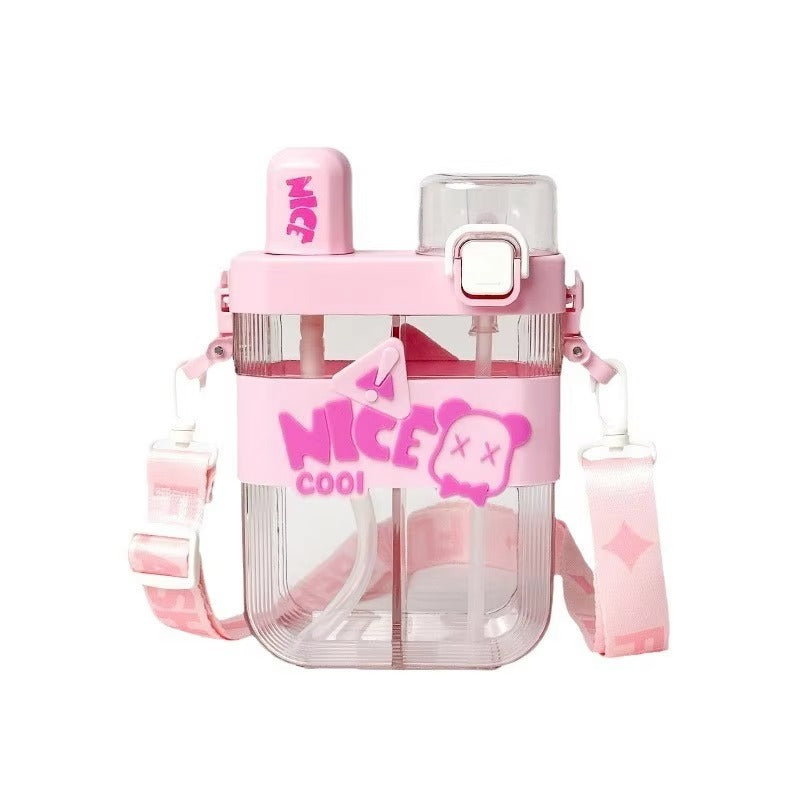 Kids Water Bottle Double Compartment  Dual Drinking Design with Strap (600 ml)