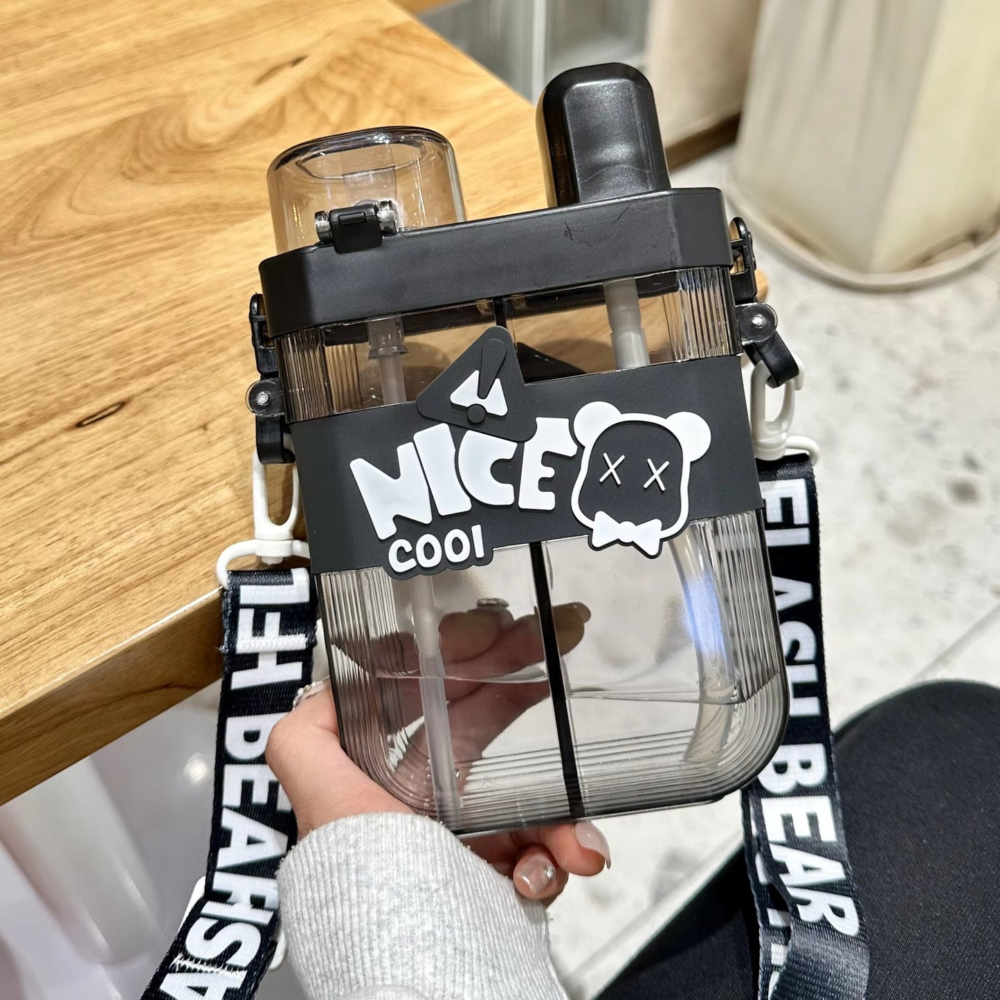 Kids Water Bottle Double Compartment  Dual Drinking Design with Strap (600 ml)