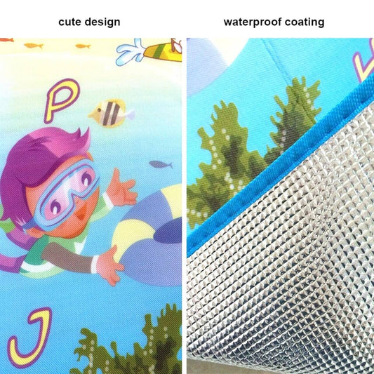 Close-up of cute design and waterproof coating of baby play mat for kids' safe play area.
