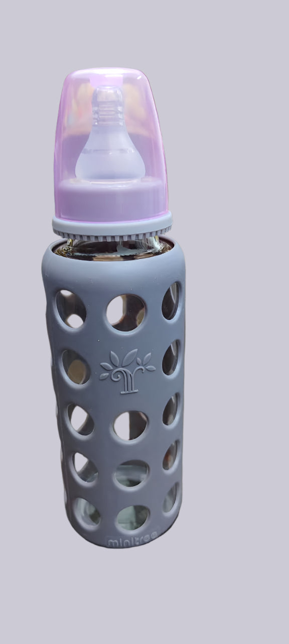 MiniTree Glass Feeding Bottle with Silicone Cover – 240mL (8oz), BPA-Free,