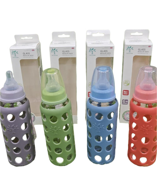 MiniTree Glass Feeding Bottle with Silicone Cover – 240mL (8oz), BPA-Free,