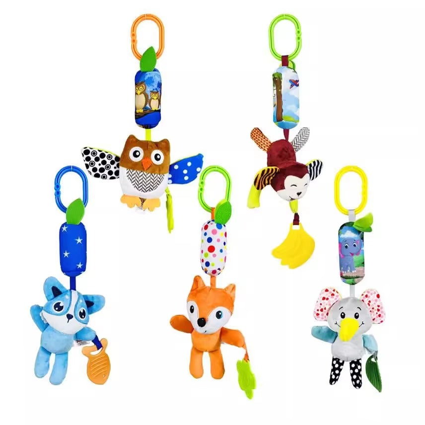 Baby Wind Chime Toy – Cartoon Animal Hanging Plush Toy with Ring Bell & Teether