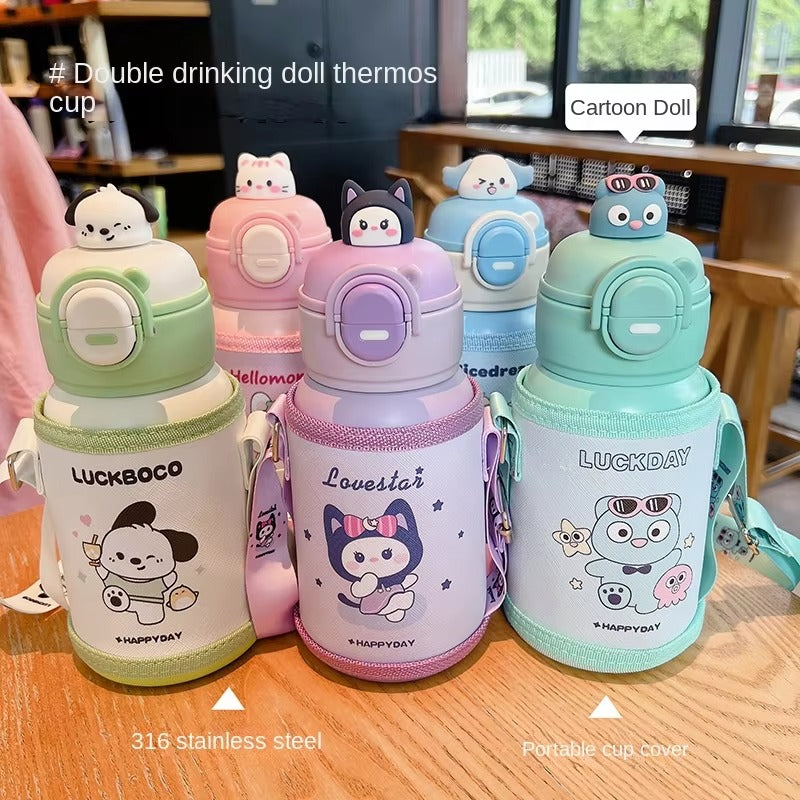 Kids Thermos Bottle 500ml Creative Cartoon Kids Stainless Steel  with Straw