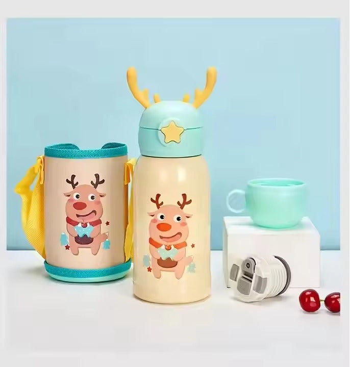 Flask Bottle Cute Kids Stainless Steel Vacuum | 500ml Thermos Bottle with Straw & Antler Lid