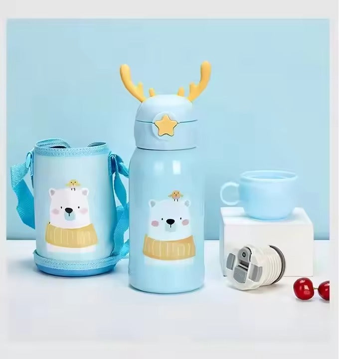 Flask Bottle Cute Kids Stainless Steel Vacuum | 500ml Thermos Bottle with Straw & Antler Lid