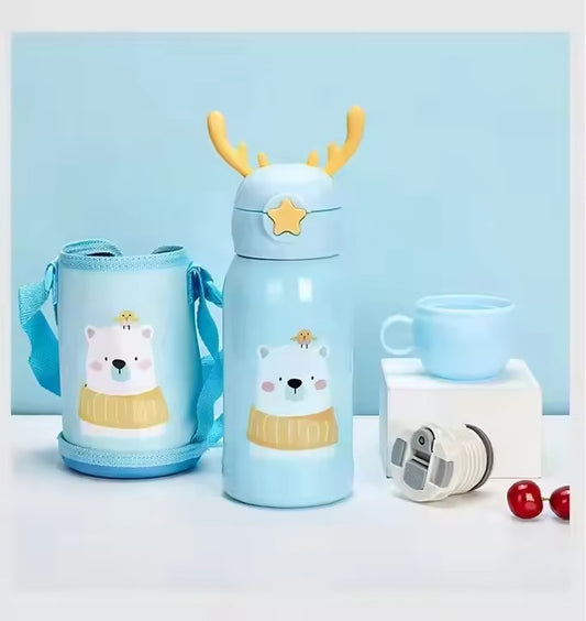 Flask Bottle Cute Kids Stainless Steel Vacuum | 500ml Thermos Bottle with Straw & Antler Lid