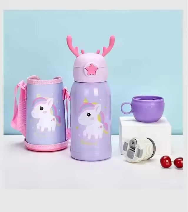 Flask Bottle Cute Kids Stainless Steel Vacuum | 500ml Thermos Bottle with Straw & Antler Lid