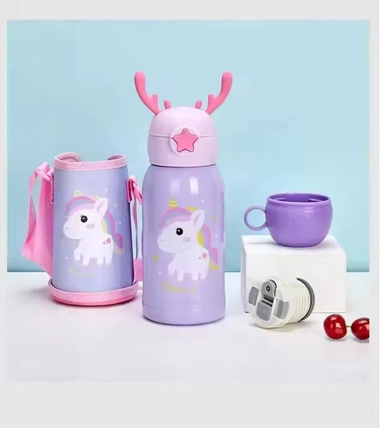 Flask Bottle Cute Kids Stainless Steel Vacuum | 500ml Thermos Bottle with Straw & Antler Lid