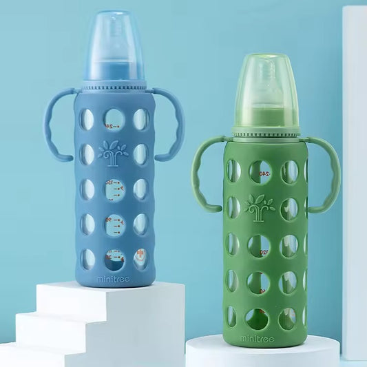 MiniTree Glass Feeding Bottle with Handles & Silicone Sleeve – 240mL (8oz), BPA-Free