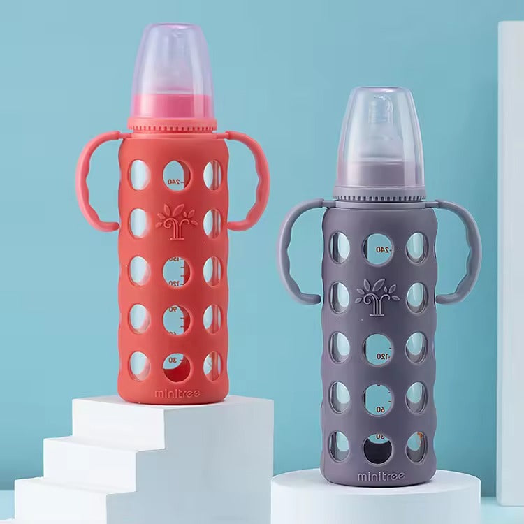 MiniTree Glass Feeding Bottle with Handles & Silicone Sleeve – 240mL (8oz), BPA-Free