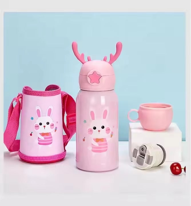 Flask Bottle Cute Kids Stainless Steel Vacuum | 500ml Thermos Bottle with Straw & Antler Lid