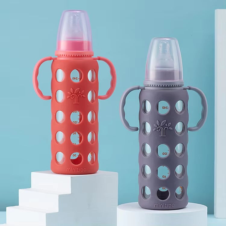 MiniTree Glass Feeding Bottle with Handles & Silicone Sleeve – 240mL (8oz), BPA-Free