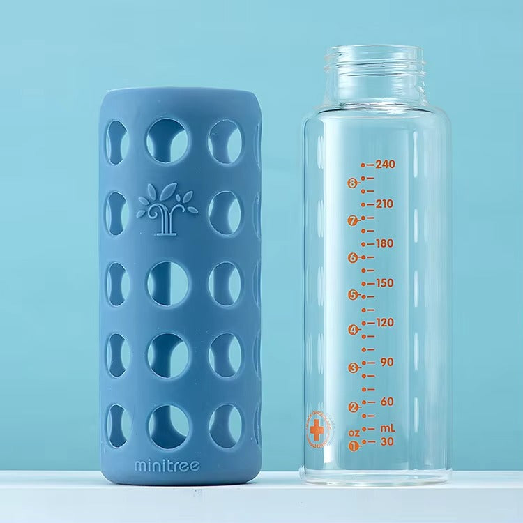 MiniTree Glass Feeding Bottle with Handles & Silicone Sleeve – 240mL (8oz), BPA-Free