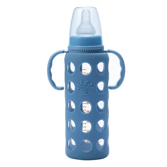 MiniTree Glass Feeding Bottle with Handles & Silicone Sleeve – 240mL (8oz), BPA-Free