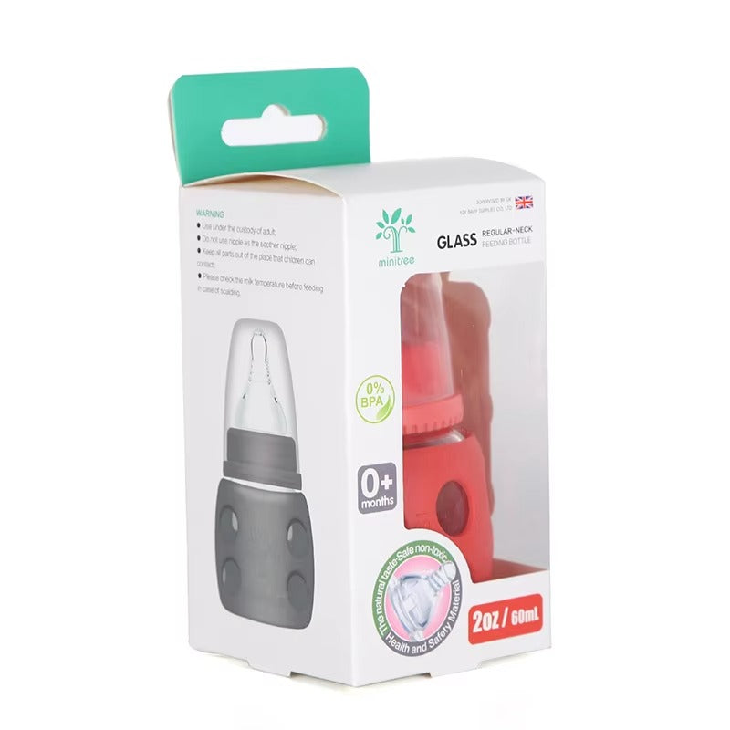 MiniTree Glass Feeding Bottle 60mL (2oz) – Regular Neck, BPA-Free, Silicone Sleeve