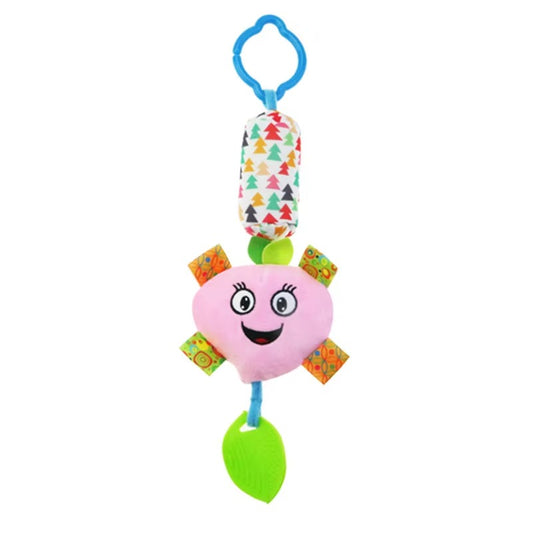Colorful plush baby rattle with cheerful face, crinkle sounds, and teether for strollers and cribs.