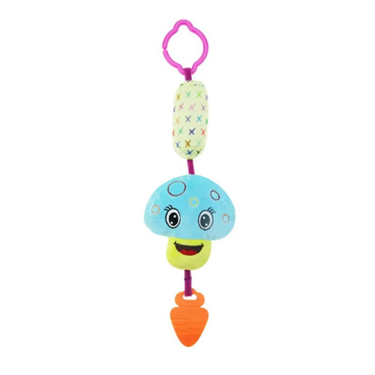 Colorful plush baby rattle toy with cheerful jellyfish design, teether, and clip for strollers and cribs.