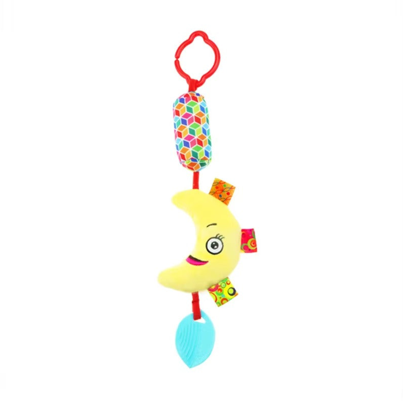 Colorful hanging plush baby rattle toy shaped like a smiling moon, featuring textured teether and cheerful design.