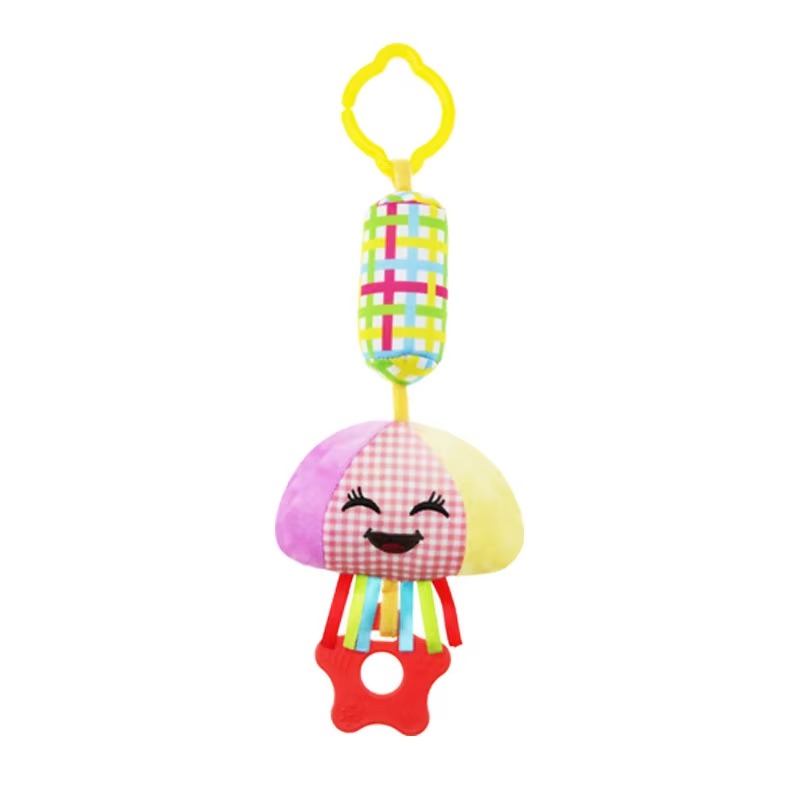 Colorful plush baby rattle toy with smiling face, teether, and crinkle sounds, perfect for strollers and cribs.