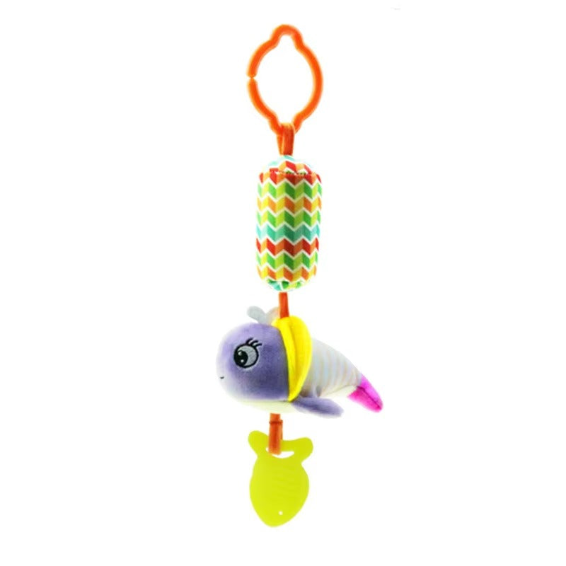 Colorful hanging plush baby rattle with teether, featuring a cheerful fish design and crinkle sound, perfect for strollers and cribs.