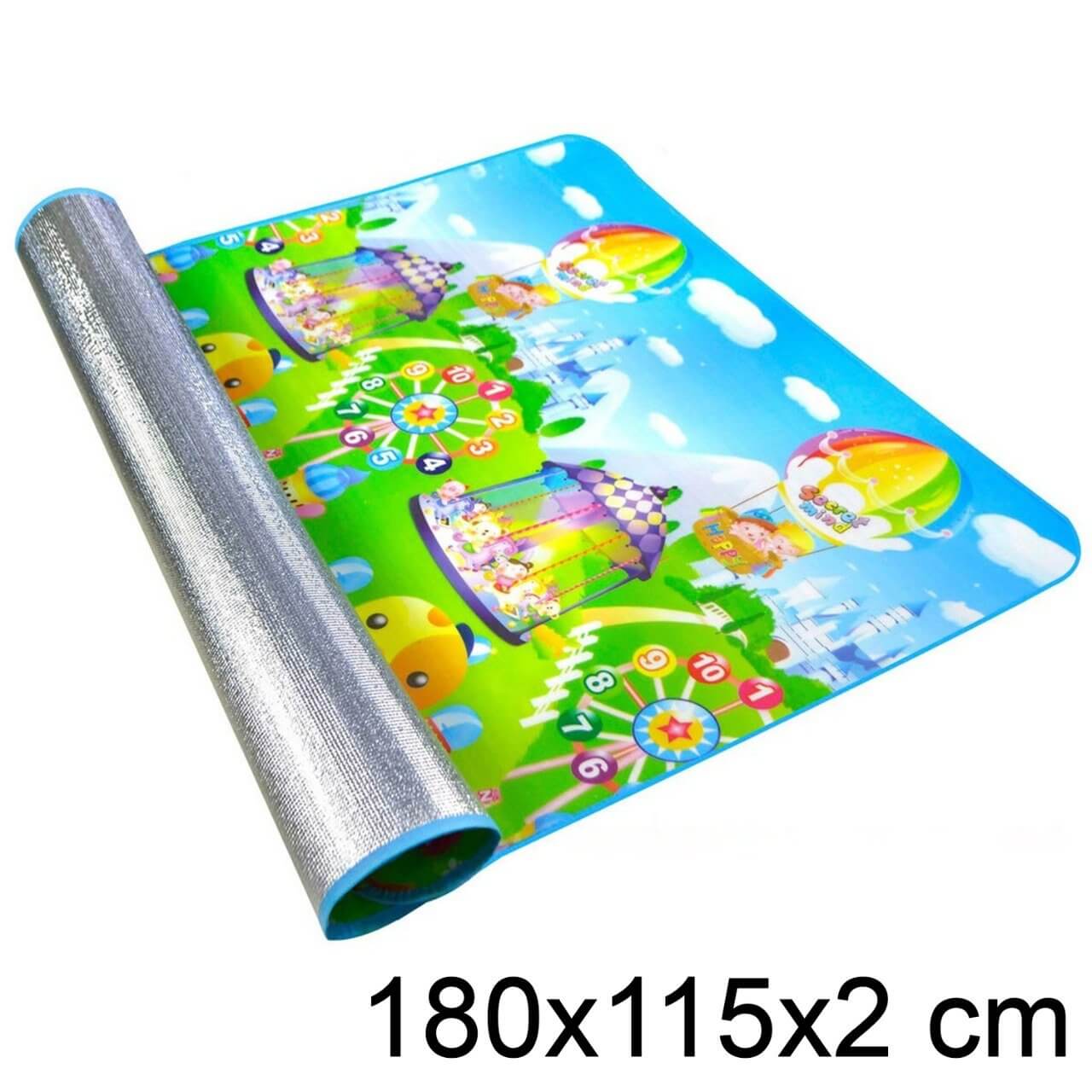 Colorful waterproof baby play mat with railway and jungle scenes, size 180x115 cm, ideal for kids' playtime.