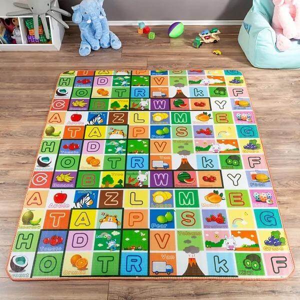 Waterproof baby play crawl mat featuring colorful letters and images, perfect for kids' playrooms and picnics.